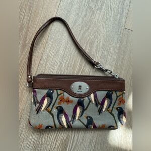 Fossil Key-Per Bird Print Canvas Wristlet Brown Leather Trim